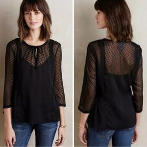 Anthro Vanessa Virginia Manette Swiss Dot Blouse 4 sheer top side ruffle Sz 2